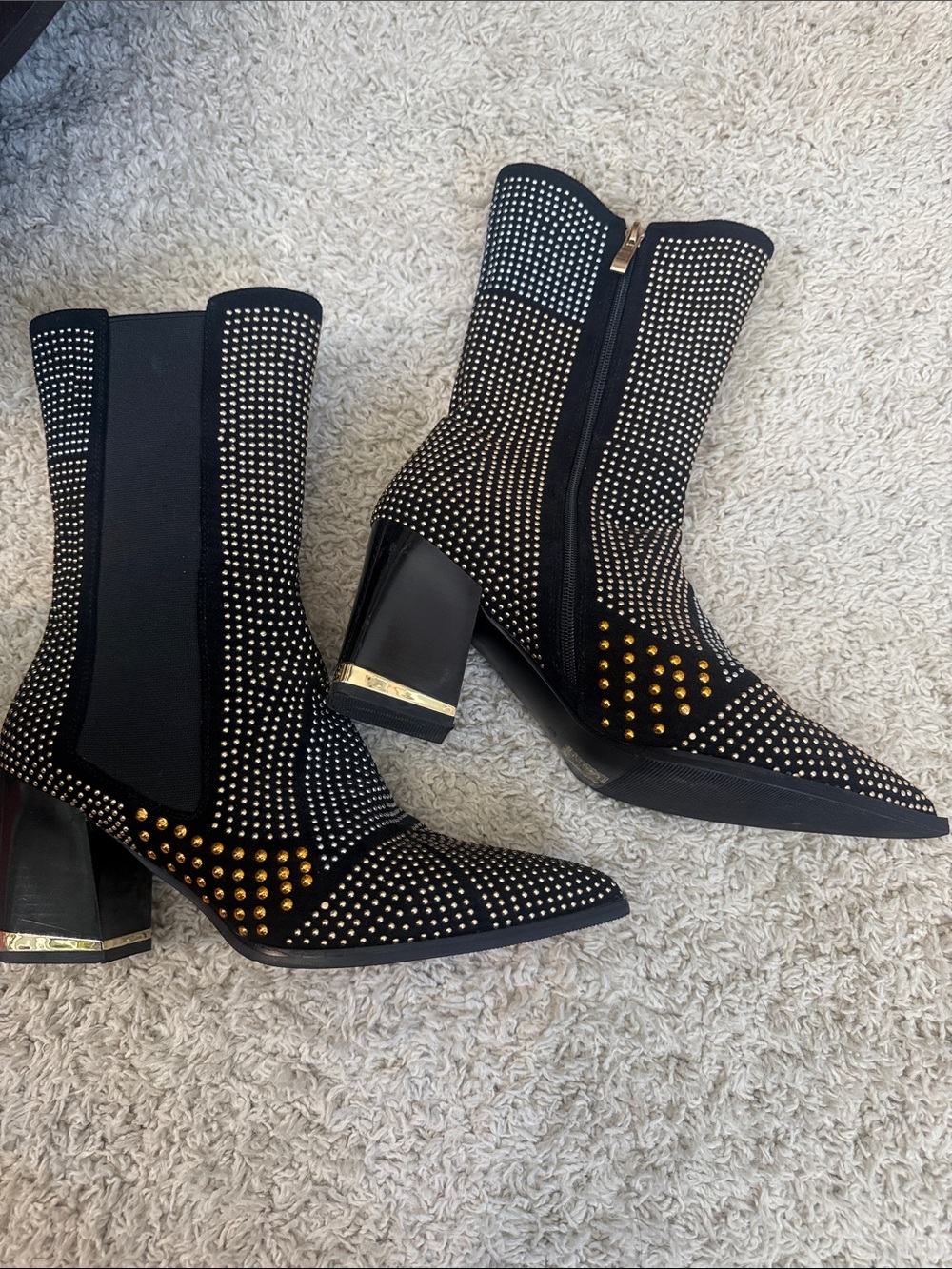 Studded Pointed-Toe Women's Ankle Boots in Black and Gold